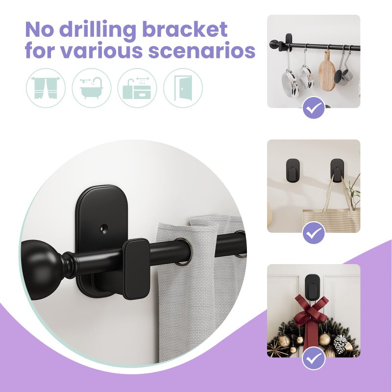 TKZTKZ No Drill Curtain Rod Brackets:Self Adhesive Curtain Rod Holders for Rod 5/8"" No Screw Curtain Rod Bracket No Drilling Heavy Duty No Damage Stick on Curtain Rod Hooks Hangers No Nail Black 2Pack - Image 5
